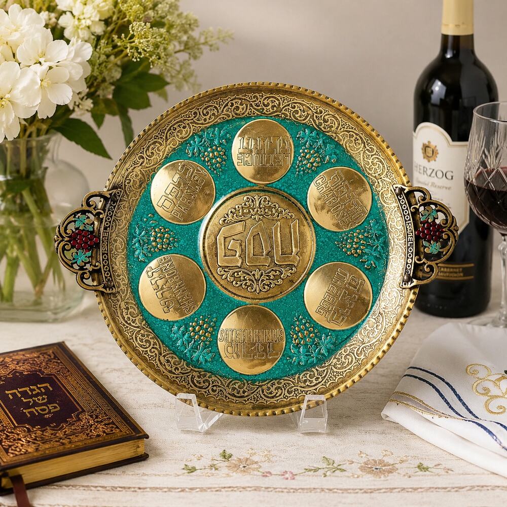 Israeli Passover Seder Plate Green Gold Enamel Brass Judaica Hebrew